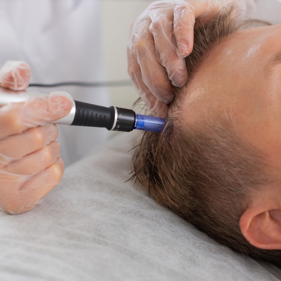 Alopecia. Man hair loss improve growth treatment regeneration, dermapen microneedling, vitamin exosomes plasma injections. Trichologist cosmetologist doctor head scalp procedure fractional mesotherapy